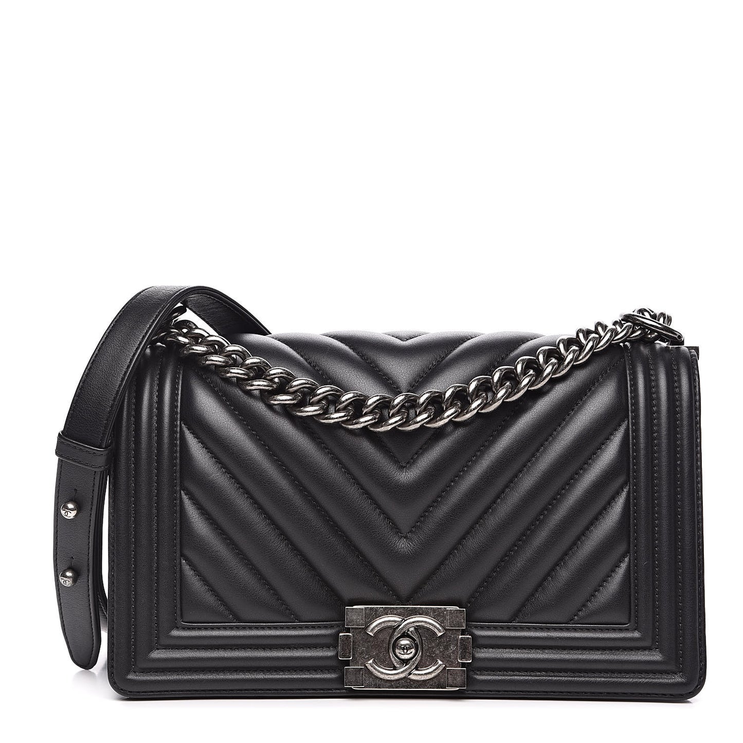 Calfskin Chevron Quilted Medium Boy Flap Black