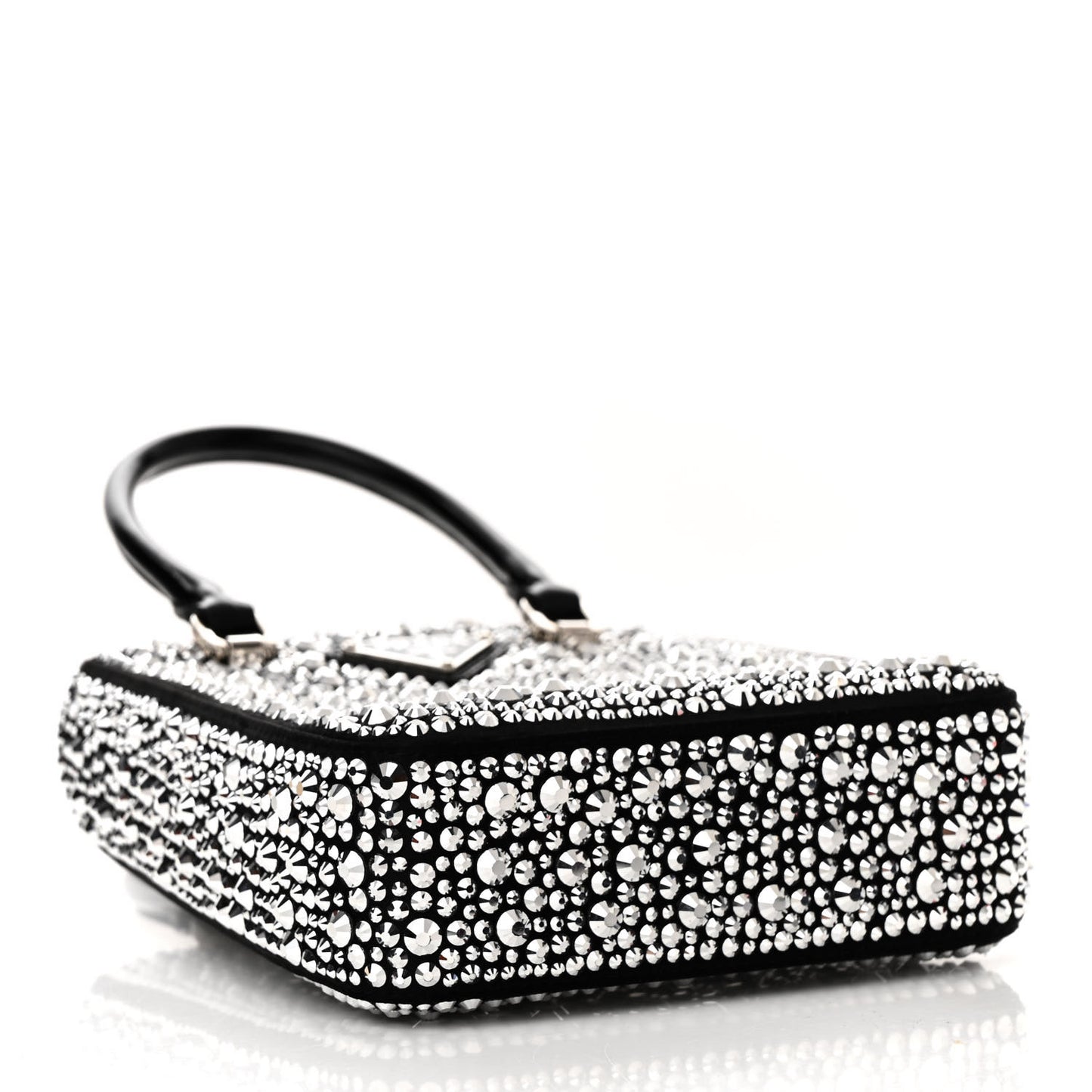 Satin Crystal Metal Triangle Logo Small Double Handle Crossbody Tote Metal