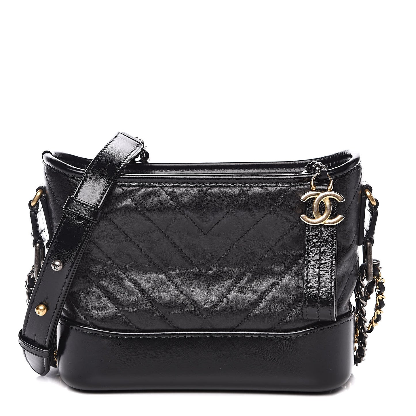 Aged Calfskin Chevron Quilted Small Gabrielle Hobo Black