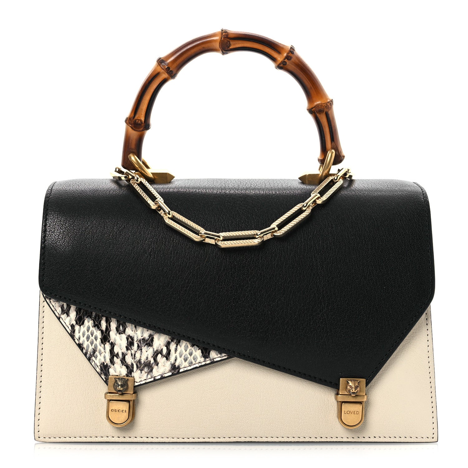 Gucci Calfskin Snakeskin Medium Ottilia Top Handle Bag  White Black 1 of 16