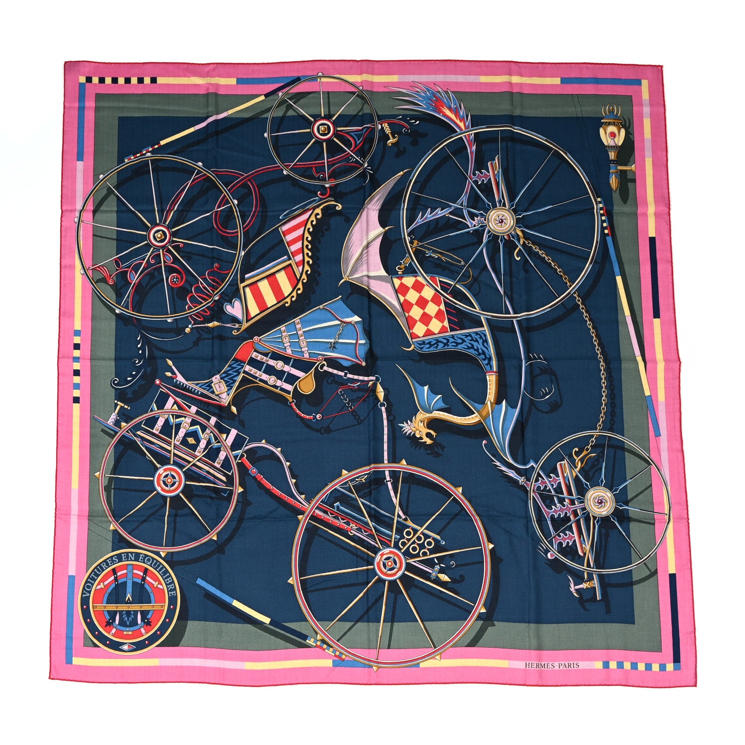 Hermes Cashmere Silk Voitures en Equilibre Shawl 140 Rose Bonbon 1 of 3