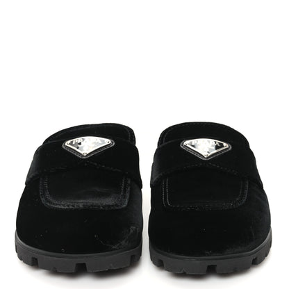 Prada Velluto Metal Triangle Logo 20mm Flat Mules 35 Black 3 of 10