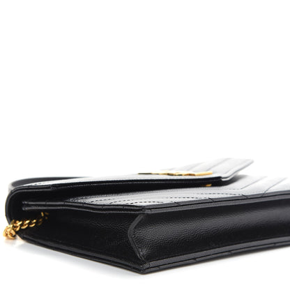 Saint Laurent Grain De Poudre Matelasse Chevron Monogram Envelope Chain Wallet Black 7 of 9
