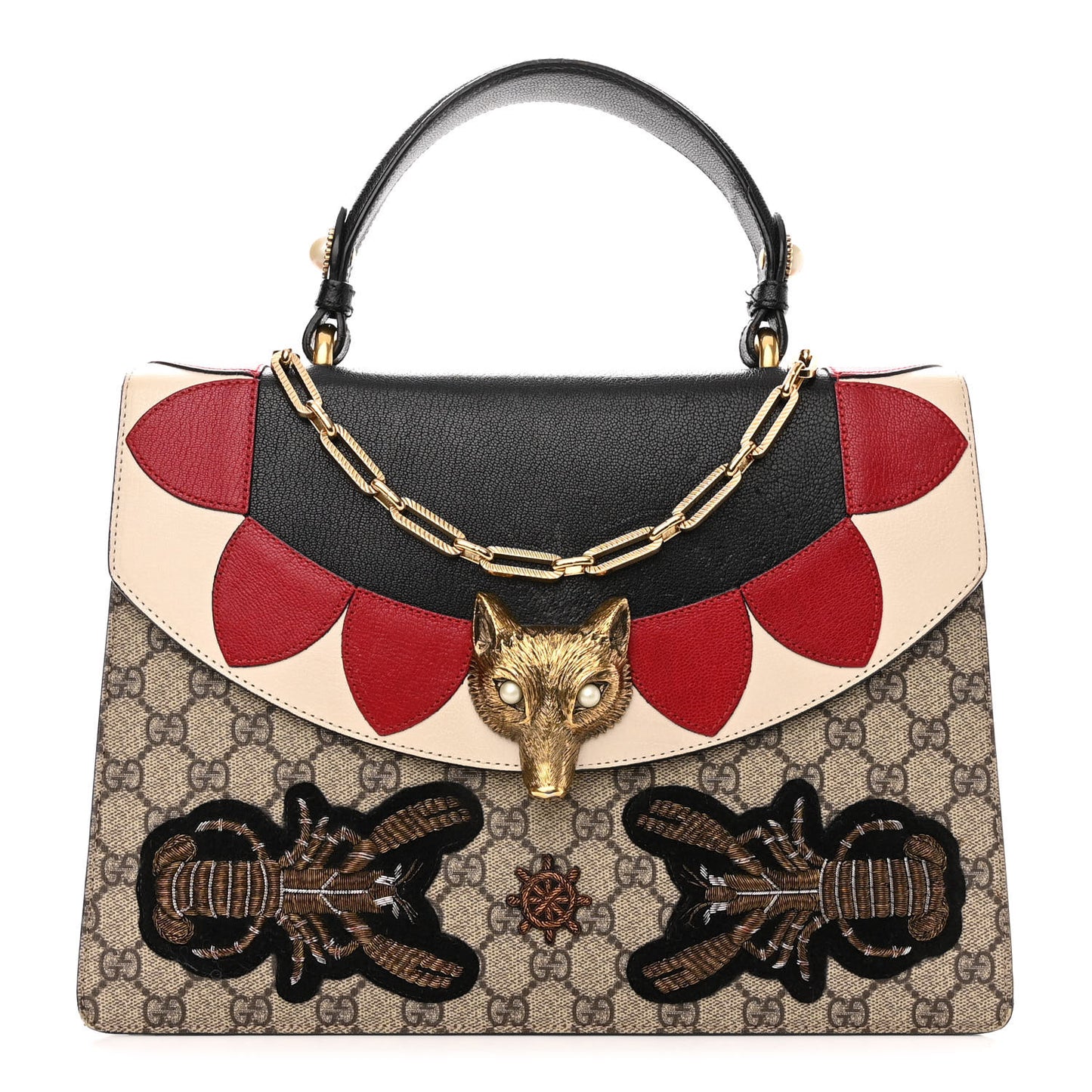 GG Supreme Monogram Goatskin Pearl Embroidered Medium Fox Broche Top Handle Bag Beige Ebony Black Hibiscus Red Mystic White