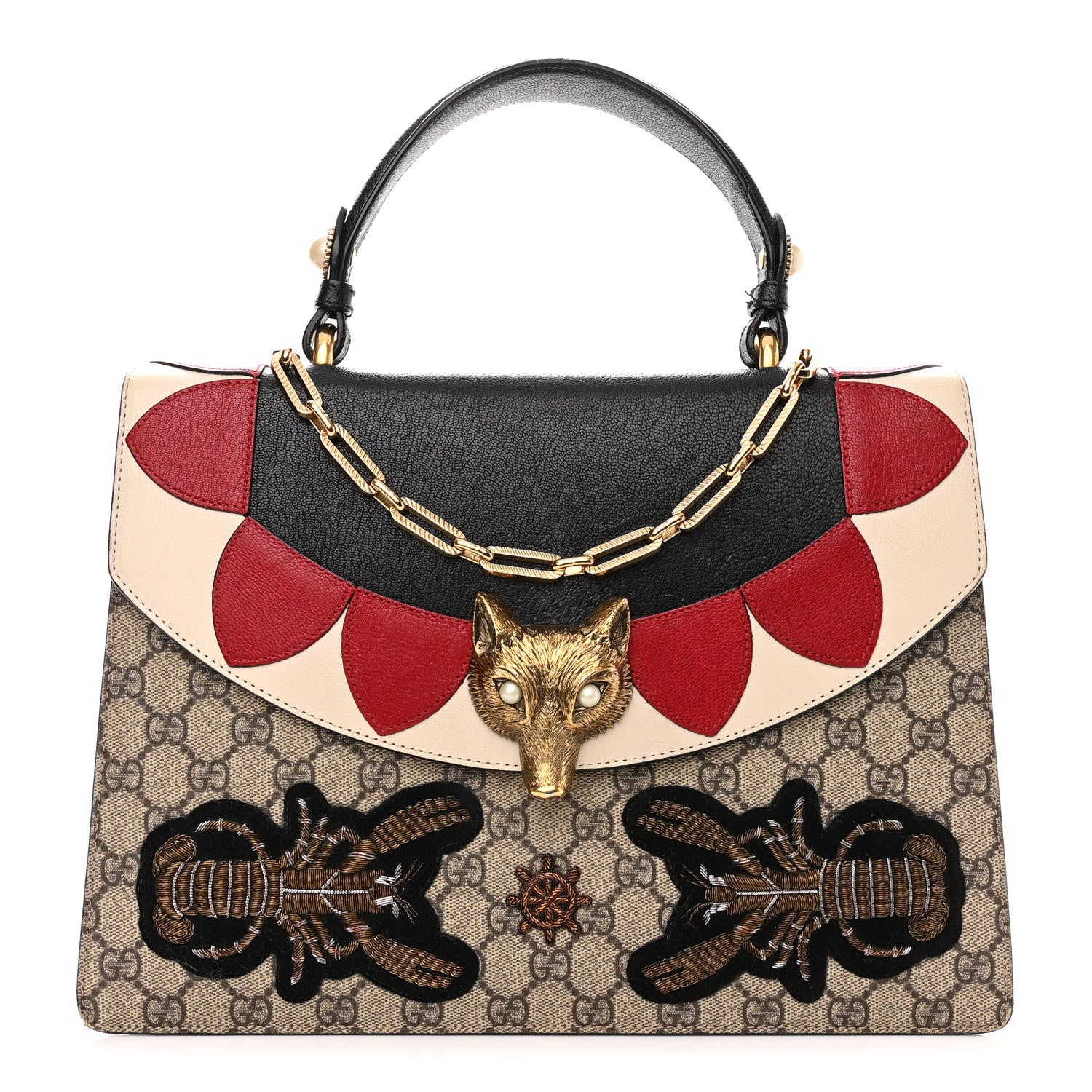 Gucci GG Supreme Monogram Goatskin Pearl Embroidered Medium Fox Broche Top Handle Bag Beige Ebony Black Hibiscus Red Mystic White 1 of 15