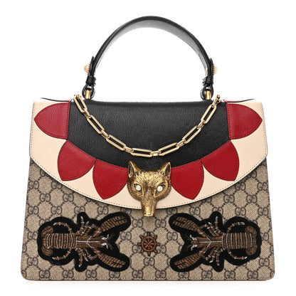 Gucci GG Supreme Monogram Goatskin Pearl Embroidered Medium Fox Broche Top Handle Bag Beige Ebony Black Hibiscus Red Mystic White 1 of 15
