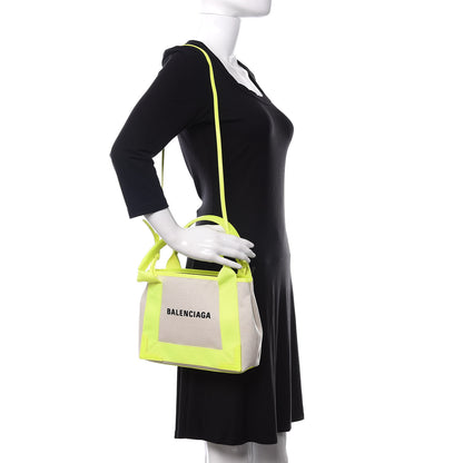 Balenciaga Cotton Canvas Satin Calfskin Navy Cabas XS Natural Fluo Yellow 2 of 10