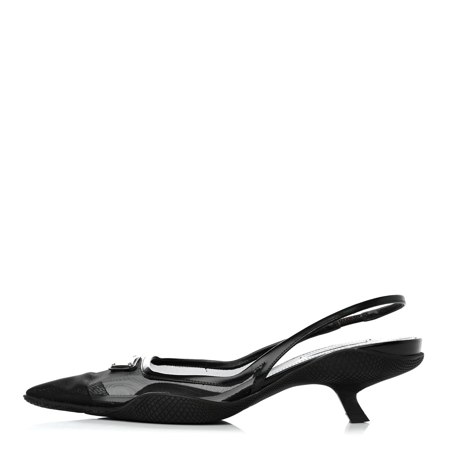 Mesh Nappa Triangle Logo Pointed Toe 45mm Slingback Pumps 38.5 Black