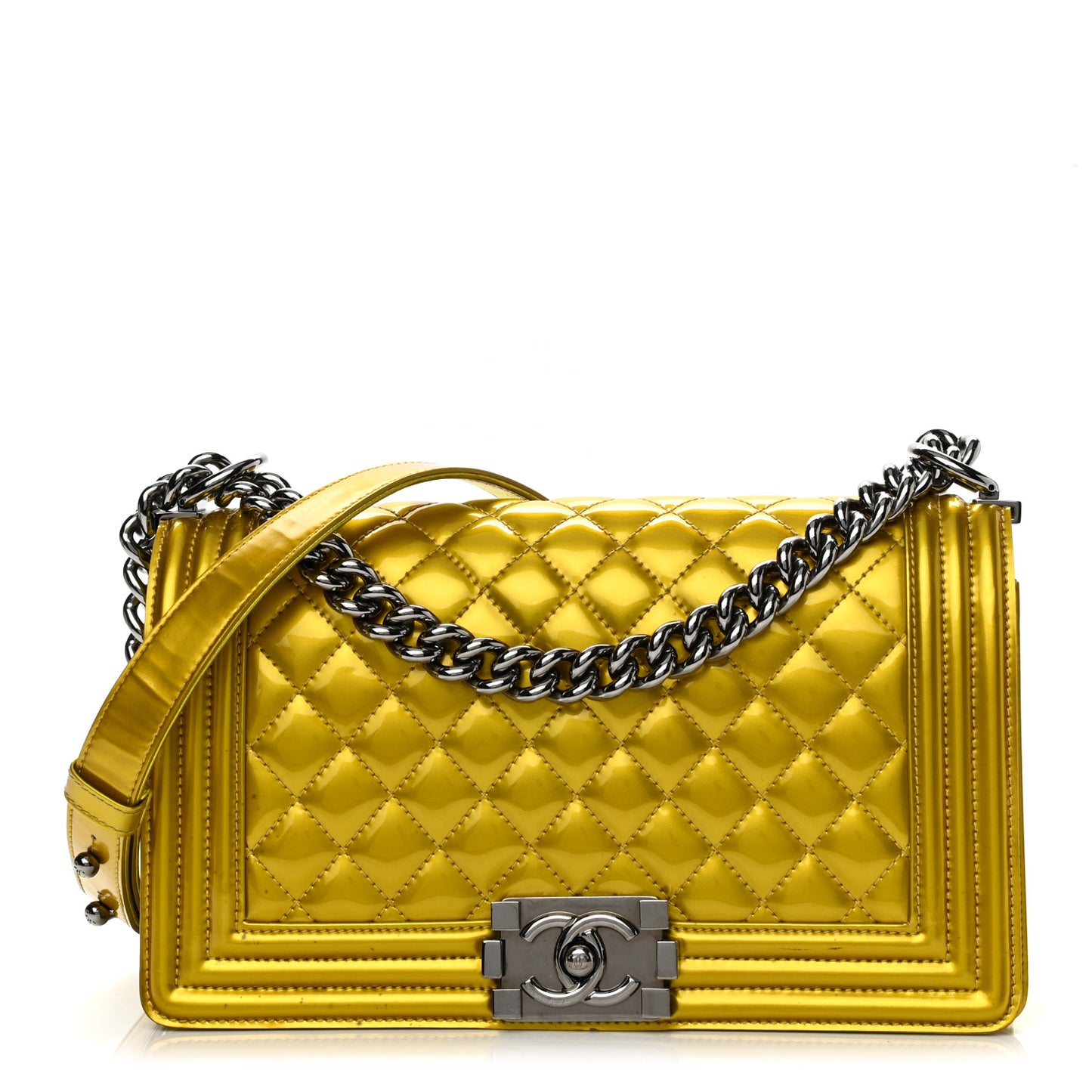Metallic Patent Calfskin Quilted Medium Boy Flap Gold