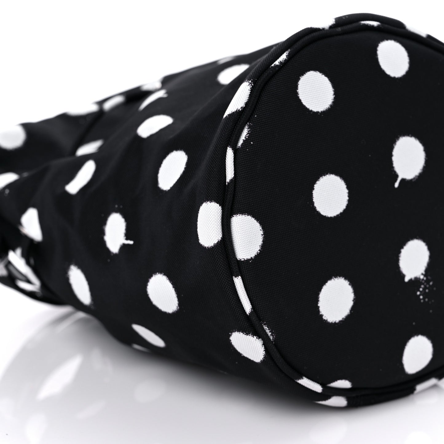 Recycled Sport Nylon Polka Dot Logo Embroidered Wheel Drawstring Bucket Bag Black White