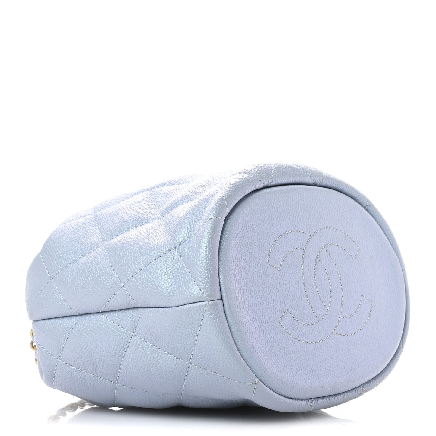 Iridescent Caviar Quilted My Perfect CC Bucket Drawstring Bag Light Blue