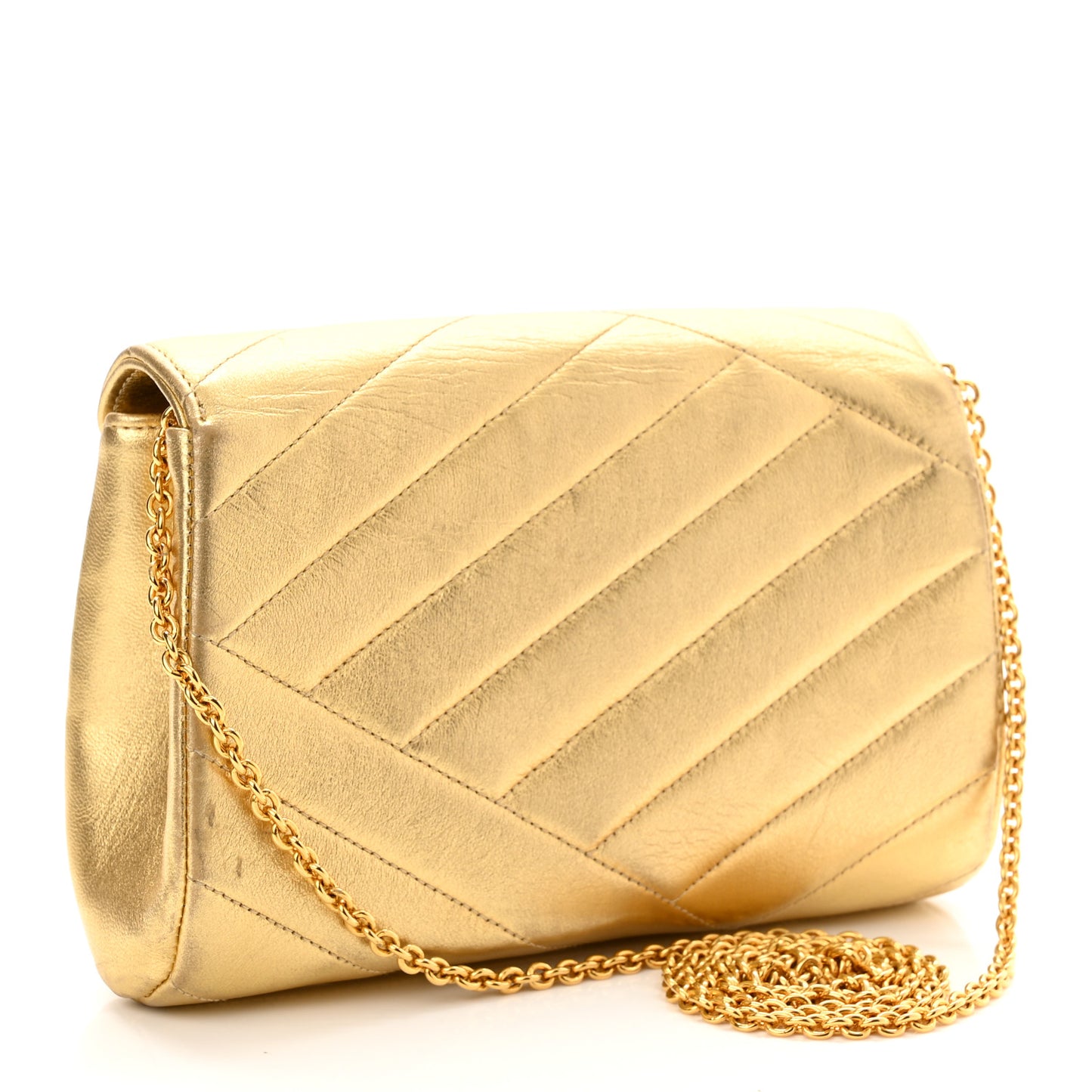 Metallic Lambskin Crystal Chevron Chain Clutch Gold