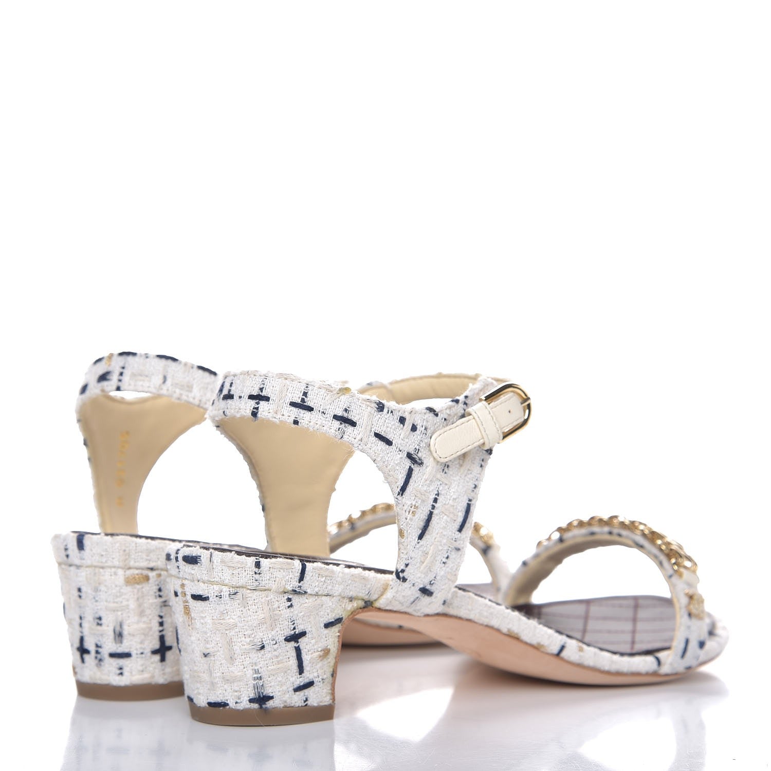 Chanel Tweed Chain Sandals 39.5 White Ecru Navy Gold 4 of 10