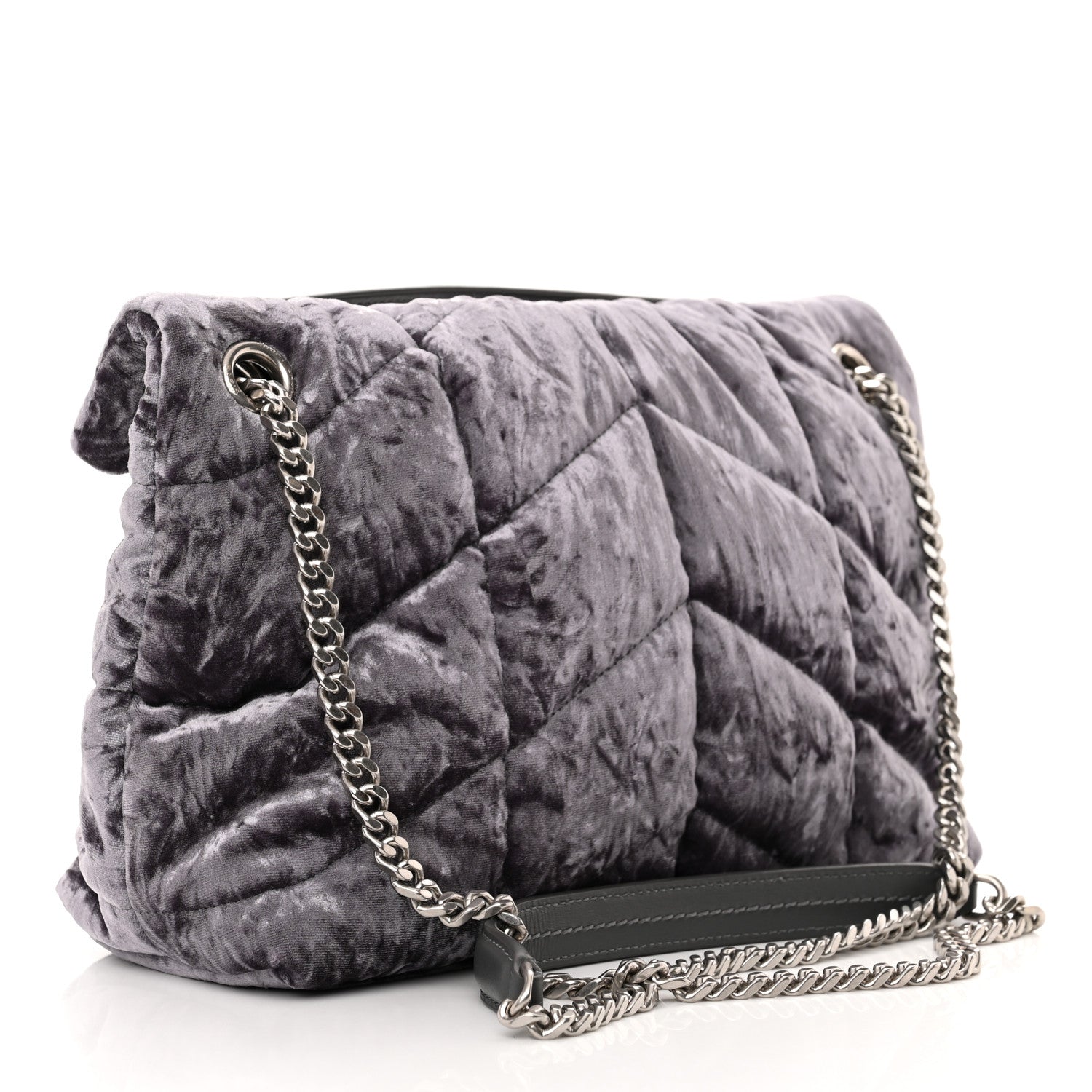 Saint Laurent Crushed Velvet Quilted Small Loulou Puffer Monogram Chain Satchel Cloud Grey 3 of 11