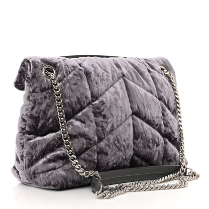 Saint Laurent Crushed Velvet Quilted Small Loulou Puffer Monogram Chain Satchel Cloud Grey 3 of 11