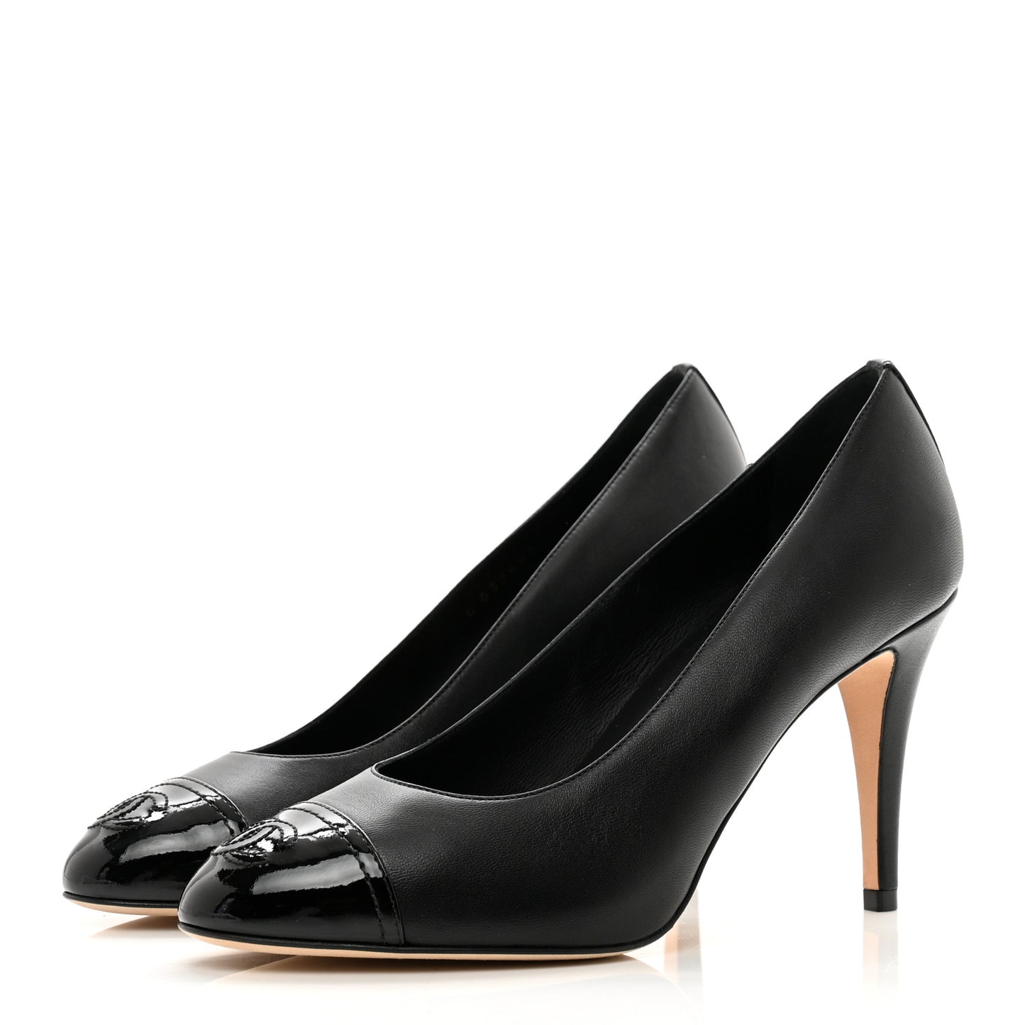 Lambskin Patent Calfskin Cap Toe CC Pumps 38 Black