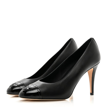 Chanel Lambskin Patent Calfskin Cap Toe CC Pumps 38 Black 3 of 9