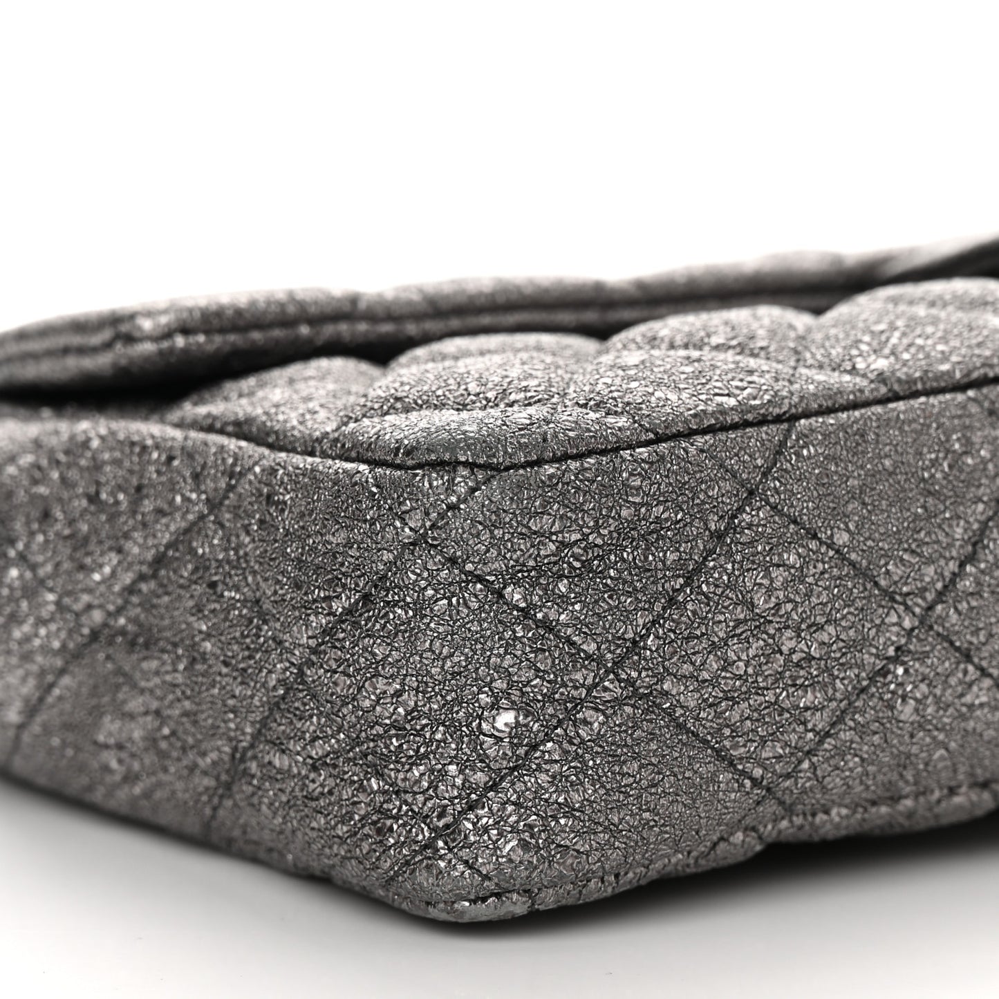 Metallic Crackled Calfskin Quilted East West Flap Dark Silver