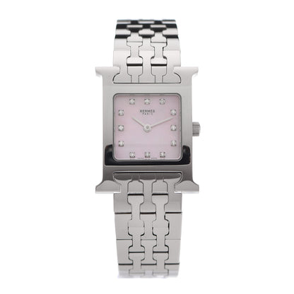Hermes Stainless Steel Diamond Pink Mother of Pearl 21mm Heure H Hour Quartz Watch 1 of 6