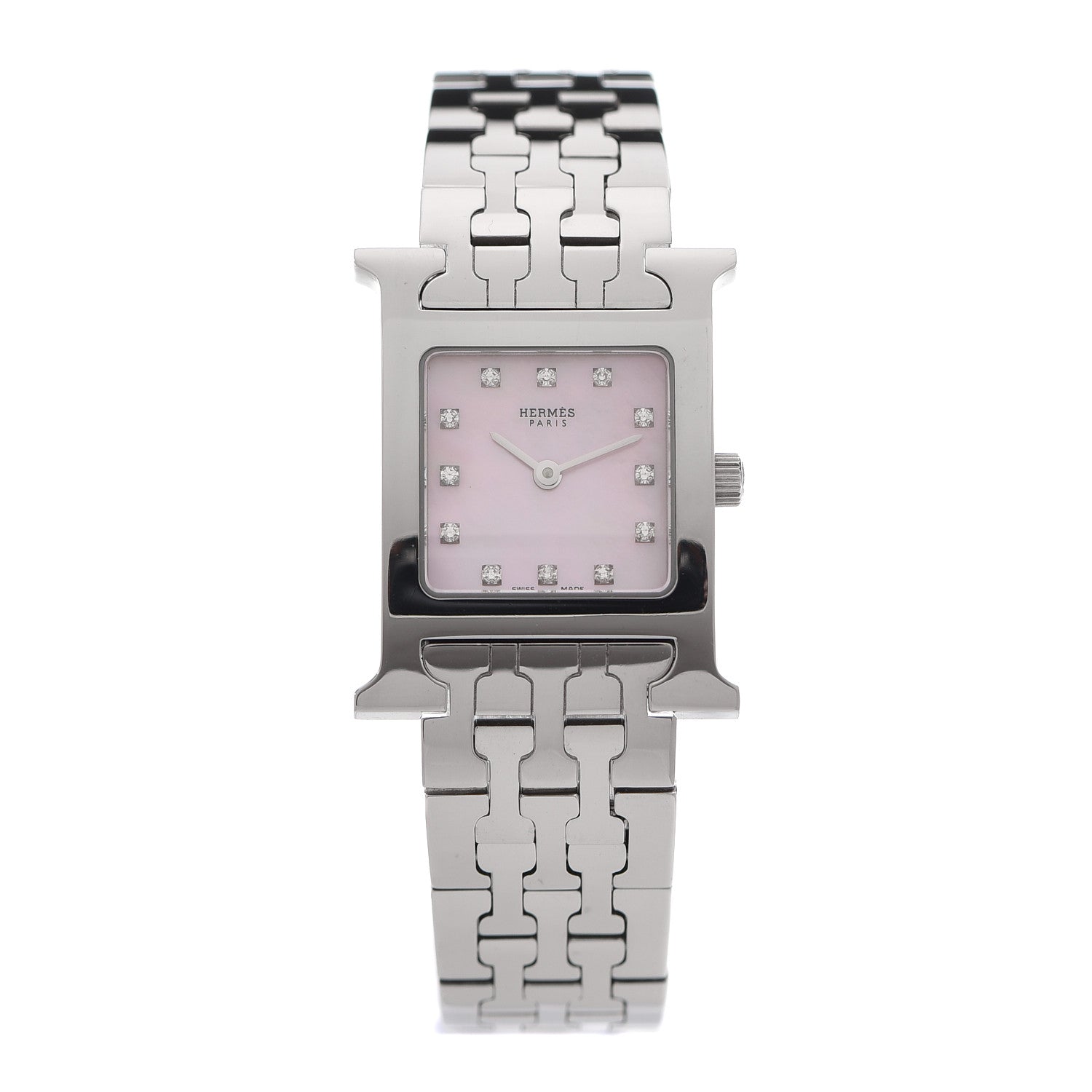 Hermes Stainless Steel Diamond Pink Mother of Pearl 21mm Heure H Hour Quartz Watch 1 of 6