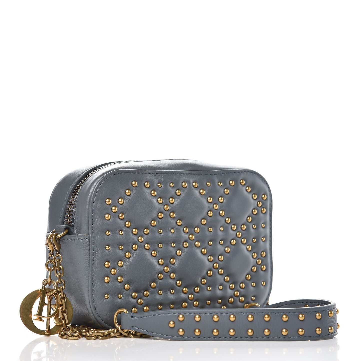Lambskin Cannage Studded Lady Dior Camera Case Pouch Blue Grey