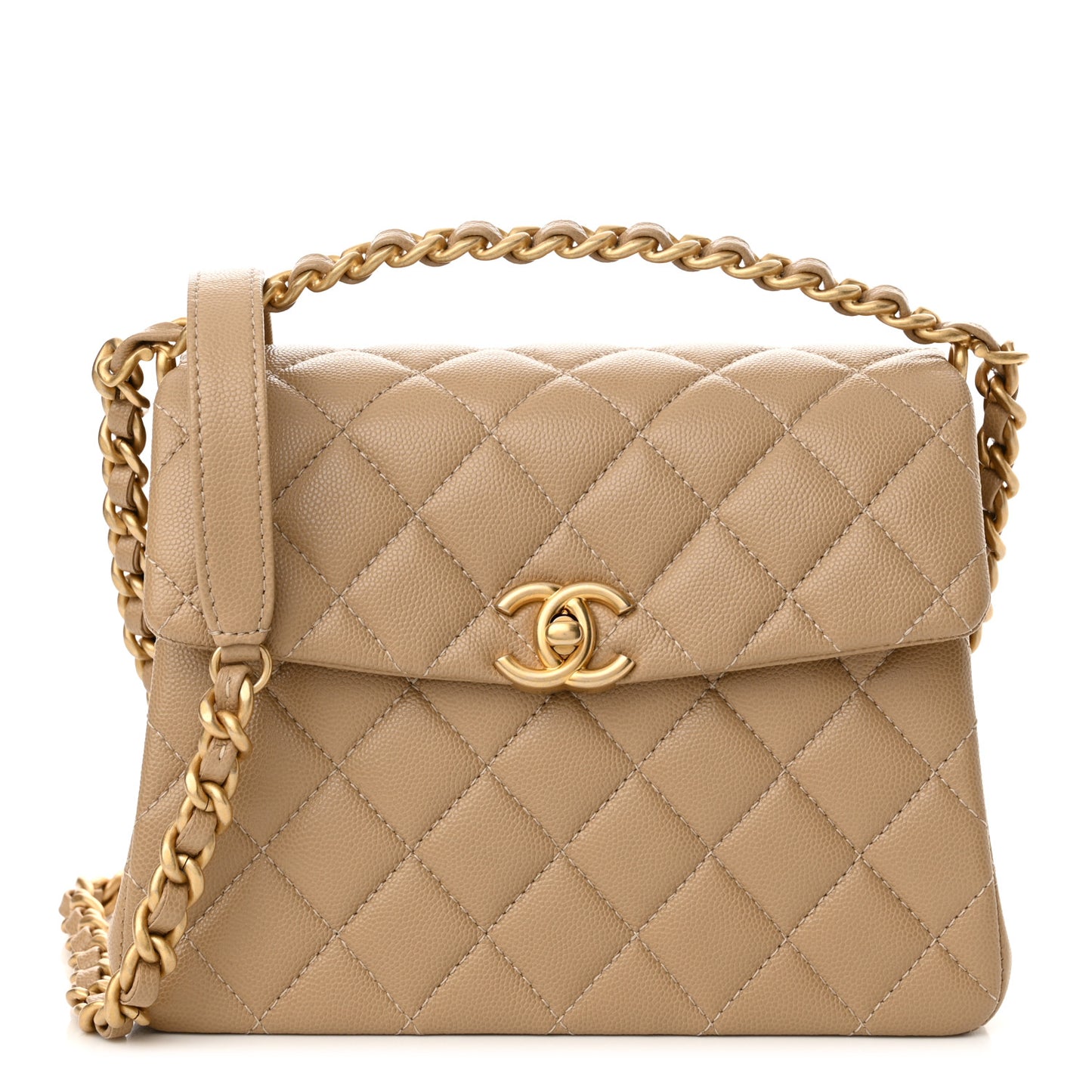 Shiny Caviar Quilted Small Flap Bag Top Handle Dark Beige