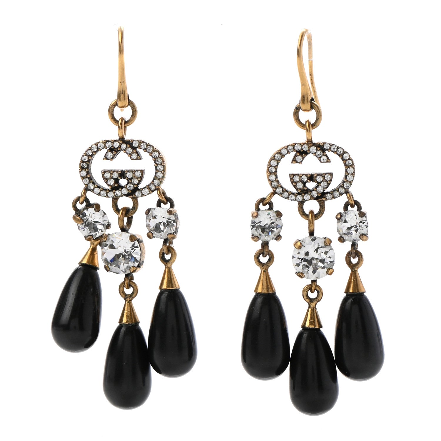 Gucci Crystal Double G Drop Earrings Gold Black 1 of 5