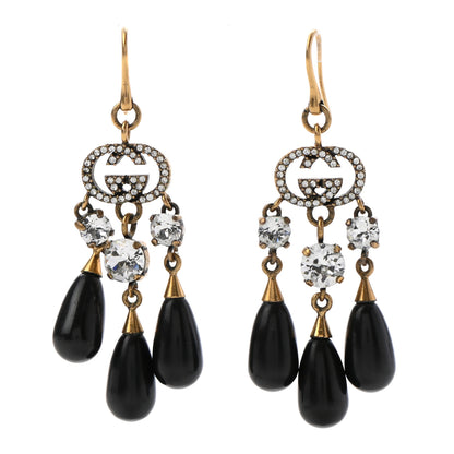 Gucci Crystal Double G Drop Earrings Gold Black 1 of 5