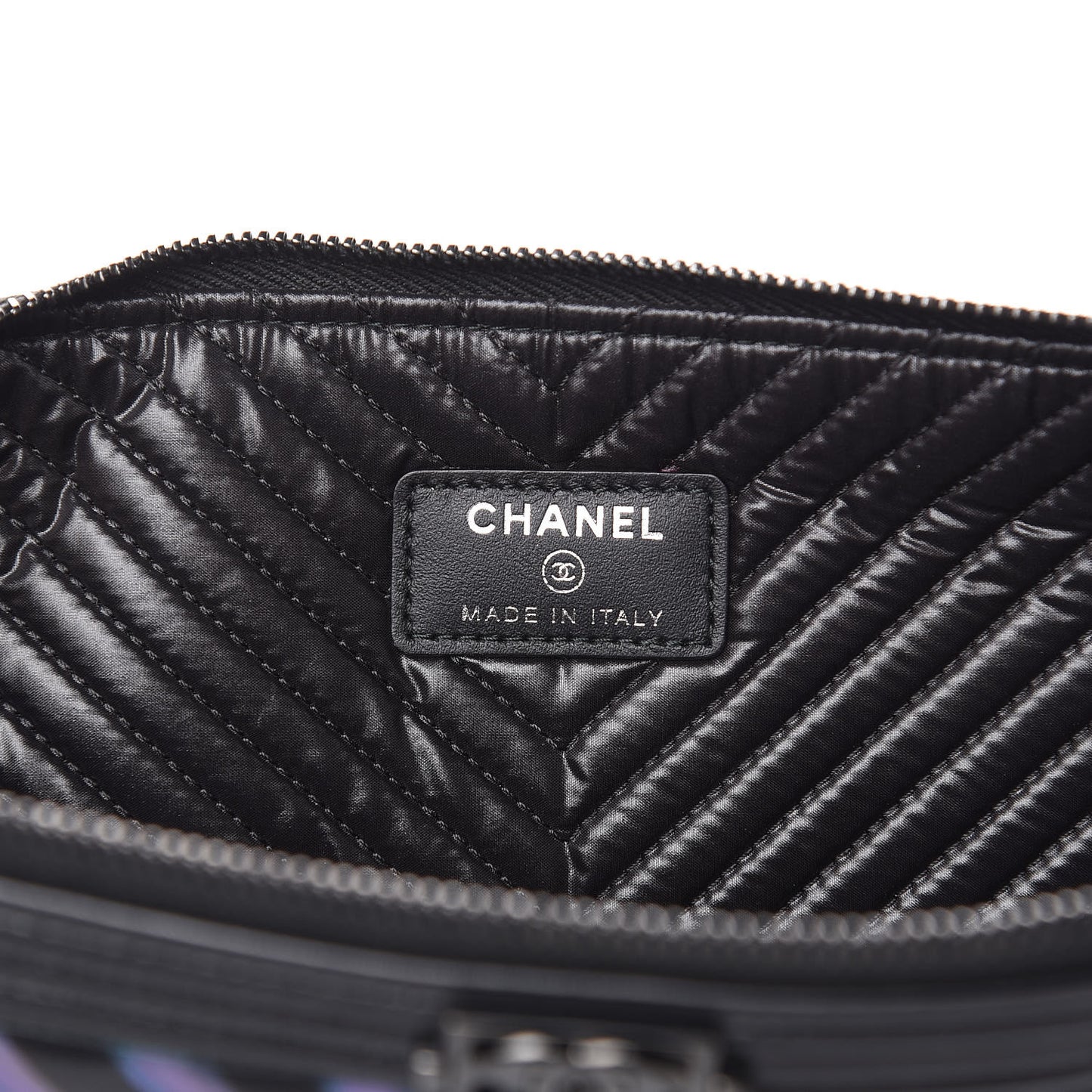 Calfskin Painted Chevron Embossed Large Boy Zip Pouch Black