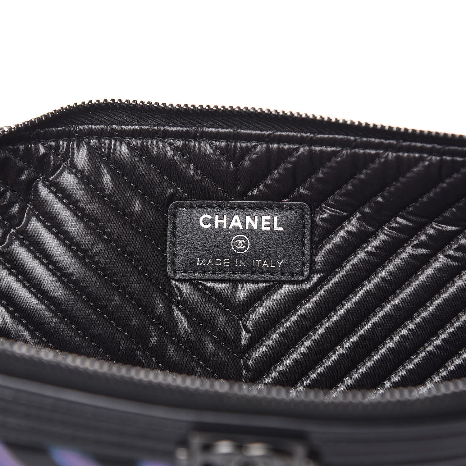 Chanel Calfskin Painted Chevron Embossed Large Boy Zip Pouch Black 6 of 11