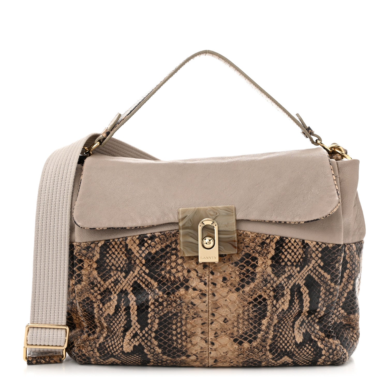 Lanvin Calfskin Snakeskin Print Embossed Medium Fantaisie Double Carry Flap Shoulder Bag Gris 1 of 11