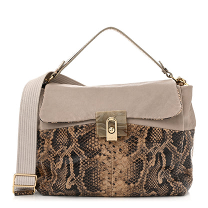 Lanvin Calfskin Snakeskin Print Embossed Medium Fantaisie Double Carry Flap Shoulder Bag Gris 1 of 11