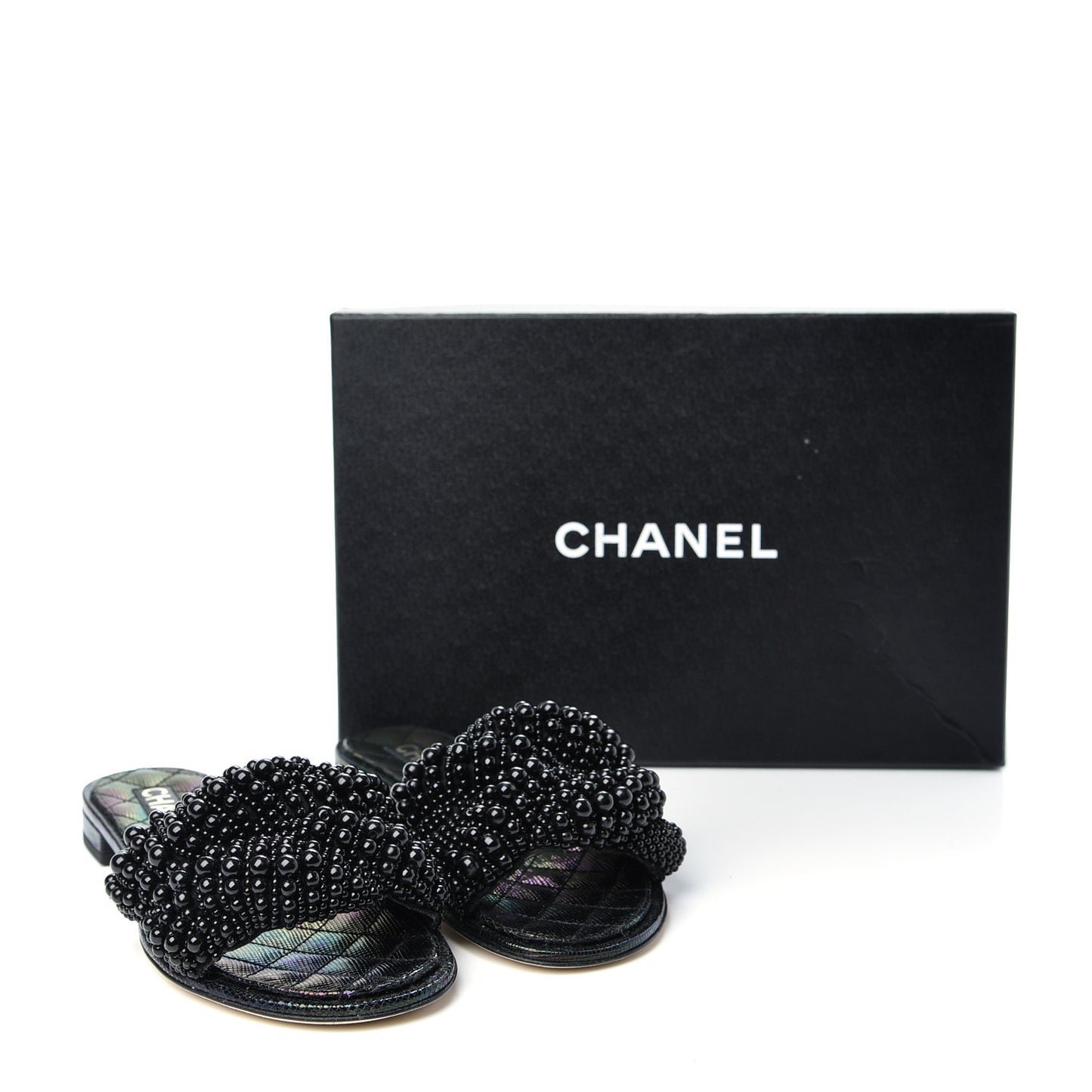 Fantasy Calfskin Pearl Cord CC Mules 38 Black