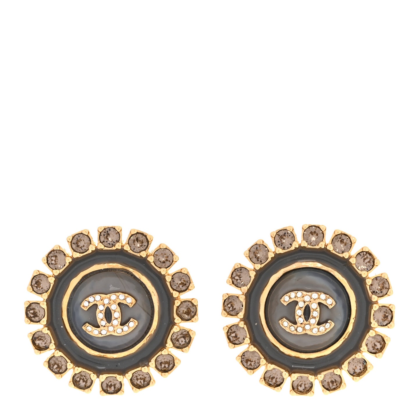 Crystal Enamel CC Round Earrings Gold Grey