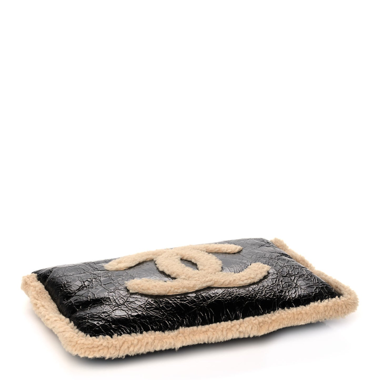 Shiny Crumpled Sheepskin Shearling CC Mania Zip Pouch Black Beige