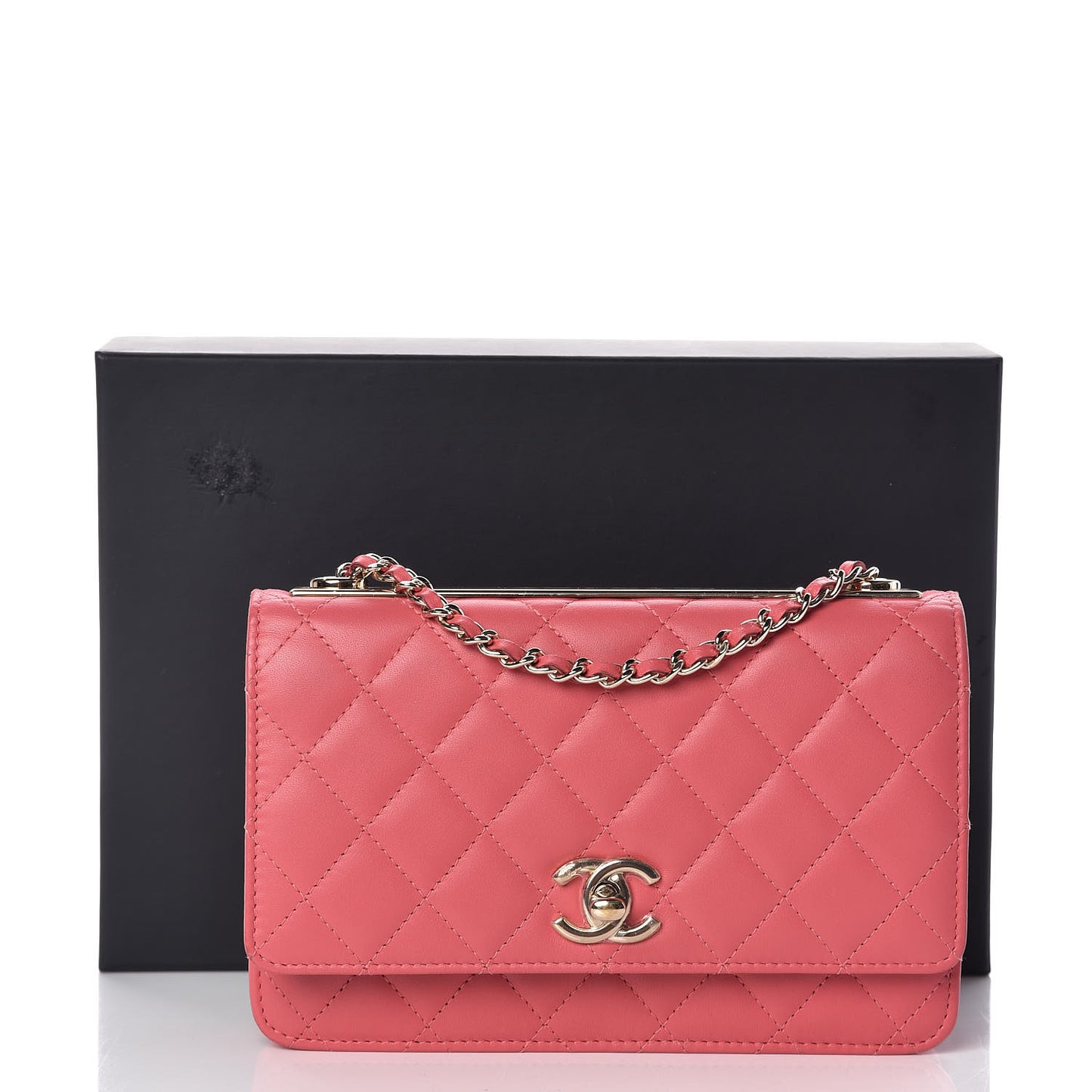 Lambskin Quilted Trendy CC Wallet On Chain WOC Bright Pink