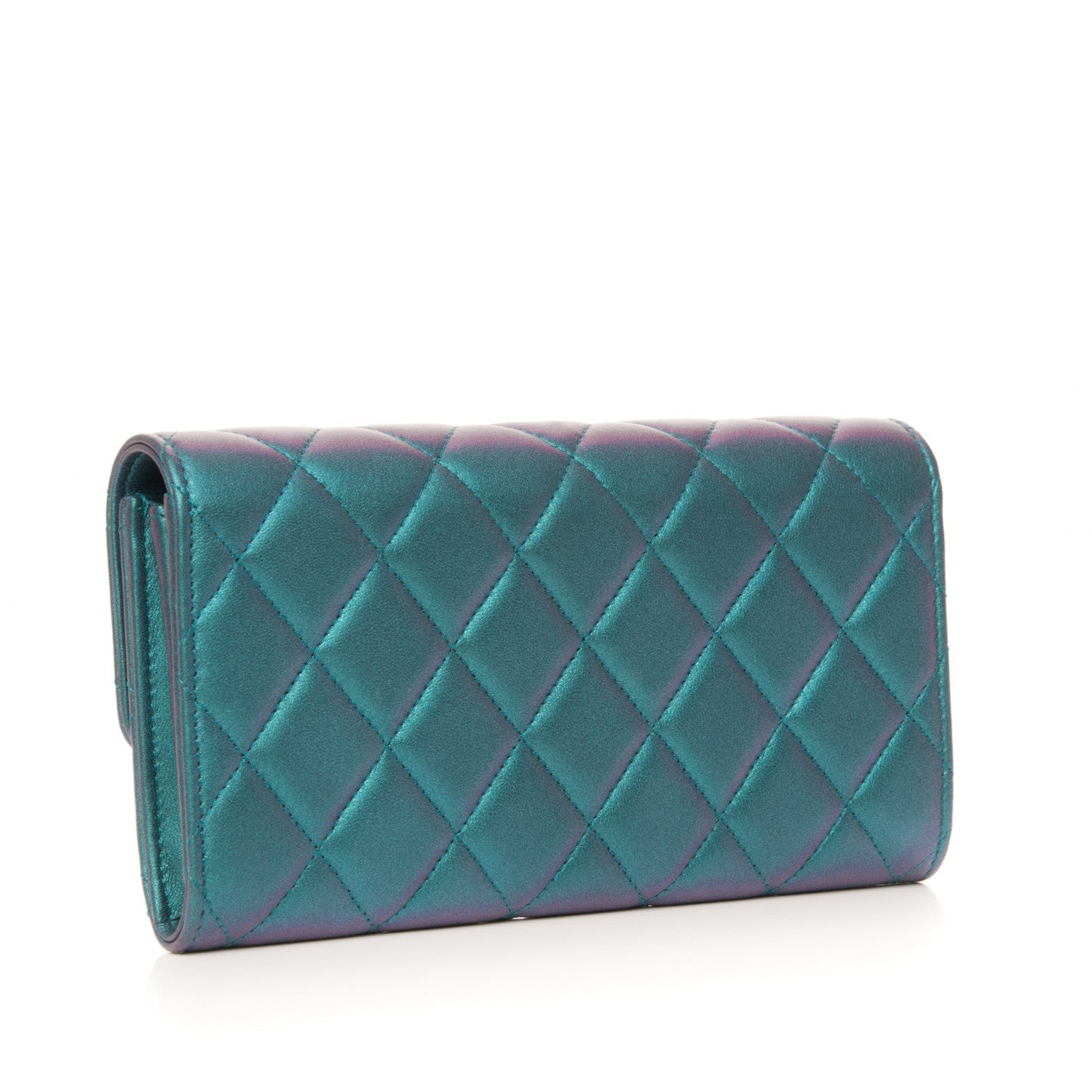 Chanel Metallic Lambskin Quilted Large Gusset Flap Wallet Turquoise 3 of 8