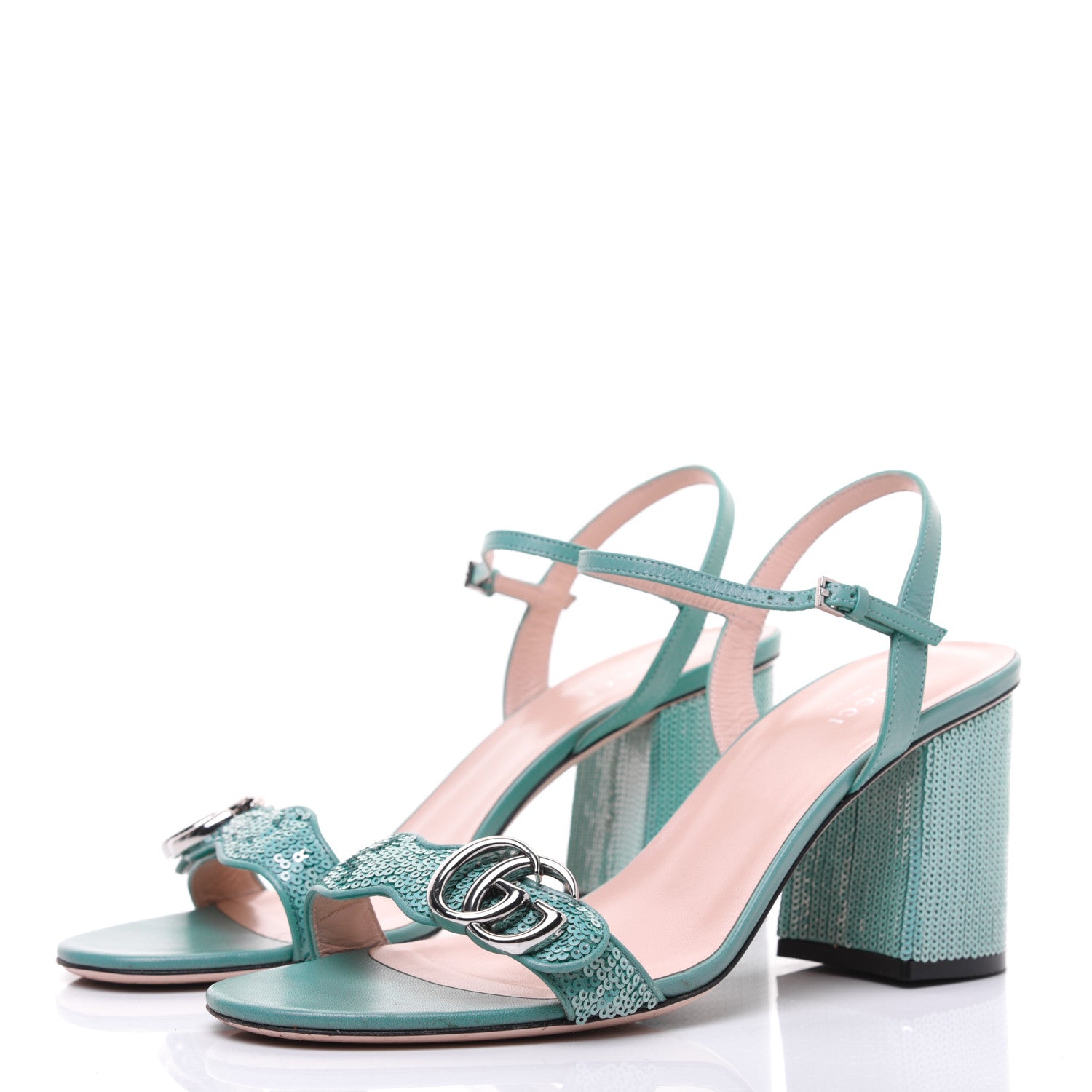 Gucci Sequin Satin Malaga Kid GG Marmont Ankle Wrap 75mm Sandals 40.5 Water Green Verde Chiaro Light Water Green 3 of 15