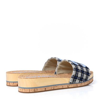 Chanel Tweed Mixed Fibers Cork CC Mule Sandal 41 Navy Blue White Blue 4 of 8