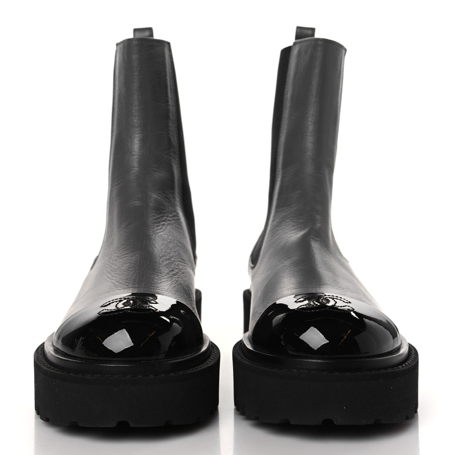 Crumpled Calfskin Patent Cap Toe Short Boots 36.5 Dark Grey Black