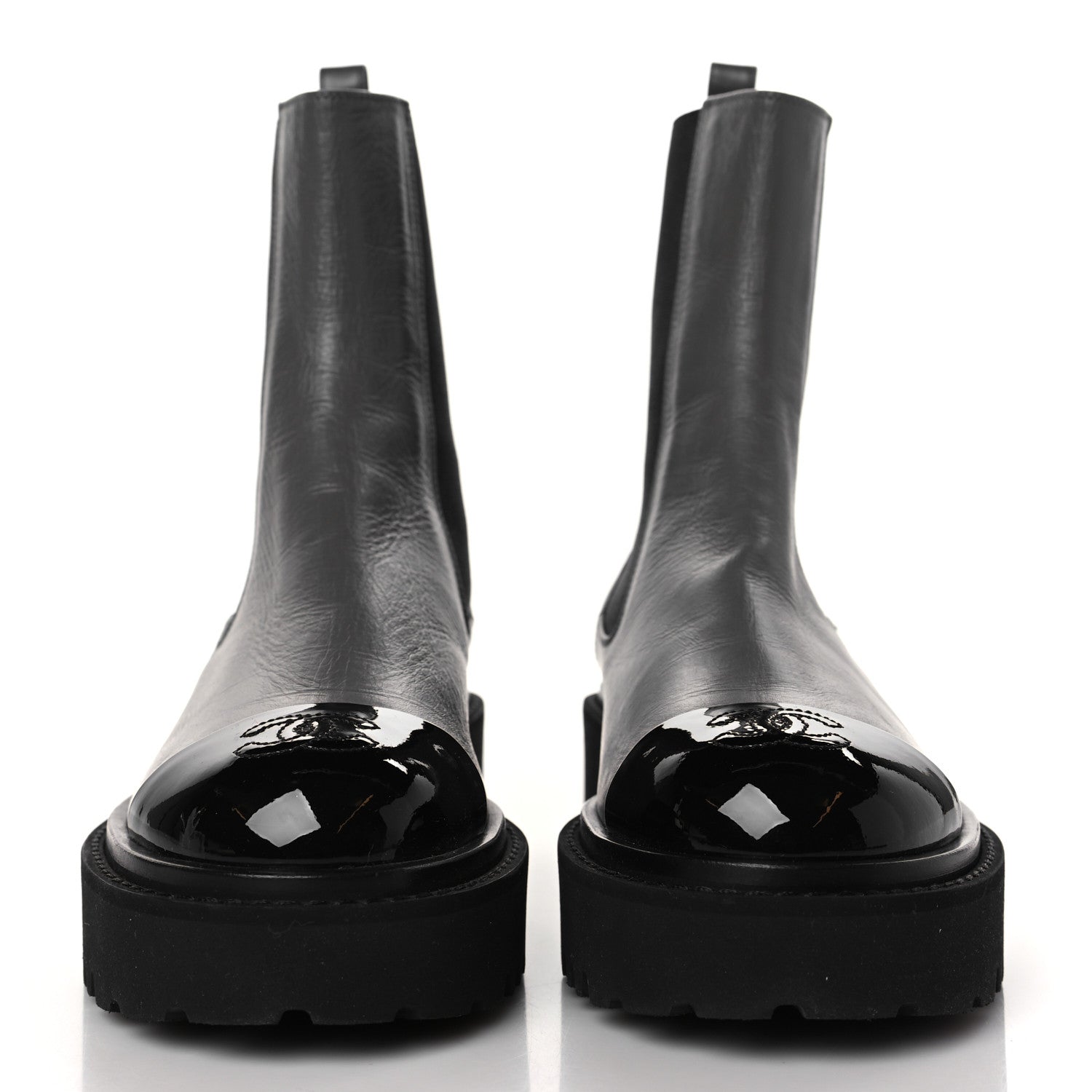 Chanel Crumpled Calfskin Patent Cap Toe Short Boots 36.5 Dark Grey Black 2 of 9