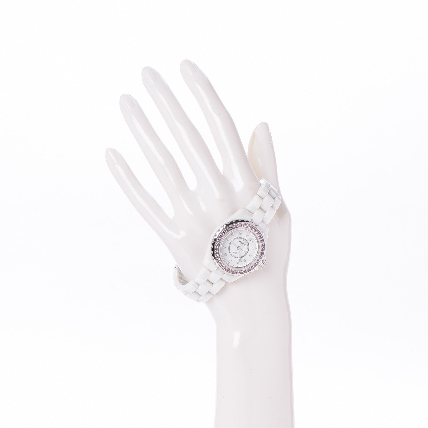 Chanel Stainless Steel Ceramic Diamond Pink Sapphire 33mm J12 Quartz Watch White 2 of 7