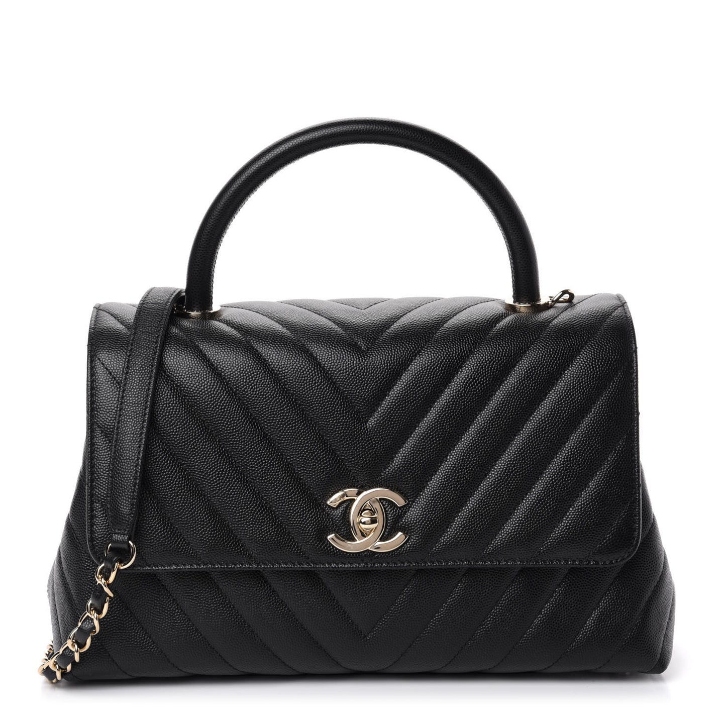 Caviar Chevron Quilted Small Coco Handle Flap Black