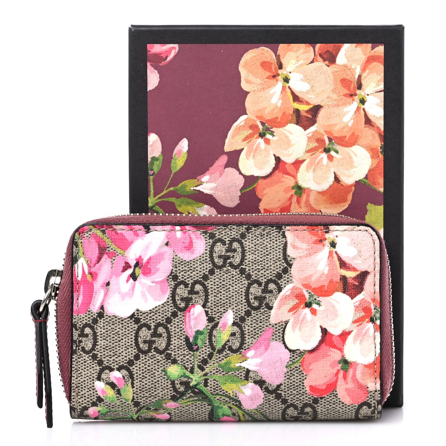 GG Supreme Monogram Blooms Zip Around Card Case Wallet Beige Multicolor Dry Rose