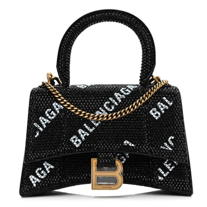 Balenciaga Strass Suede Allover Logo Hourglass Top Handle Bag XS with Chain Black White 1 of 10