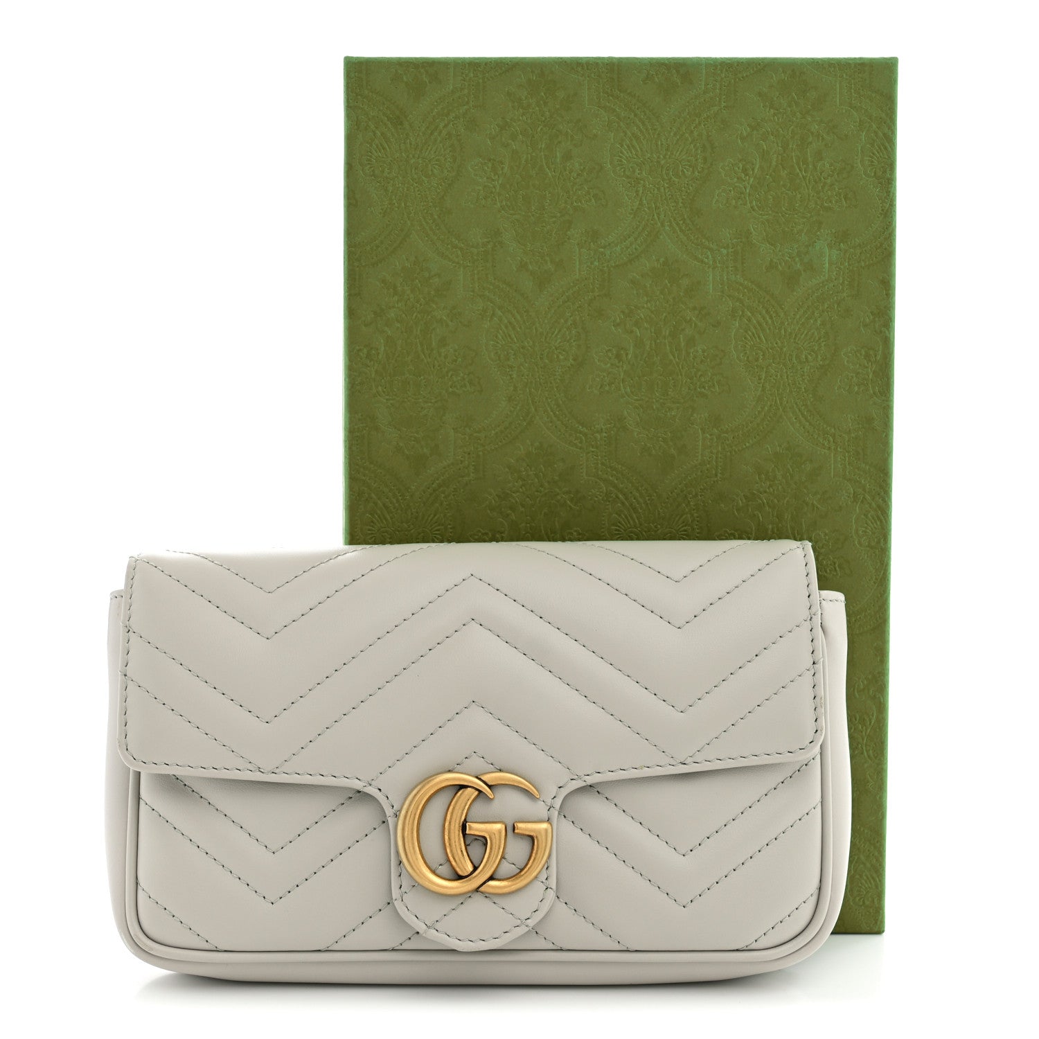 Gucci Calfskin Matelasse Mini GG Marmont Shoulder Bag With Card Holder Light Grey Salvy Green 14 of 14
