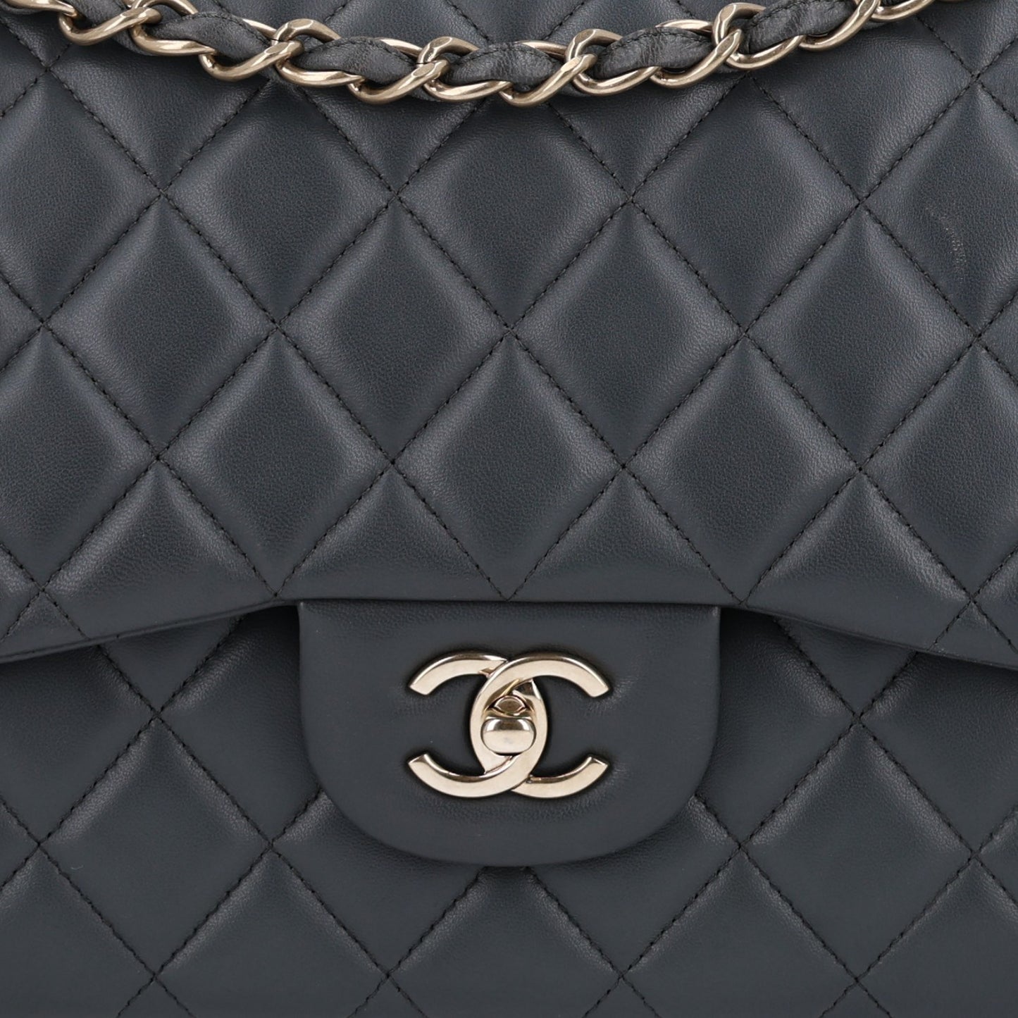 Lambskin Quilted Jumbo Double Flap Dark Grey