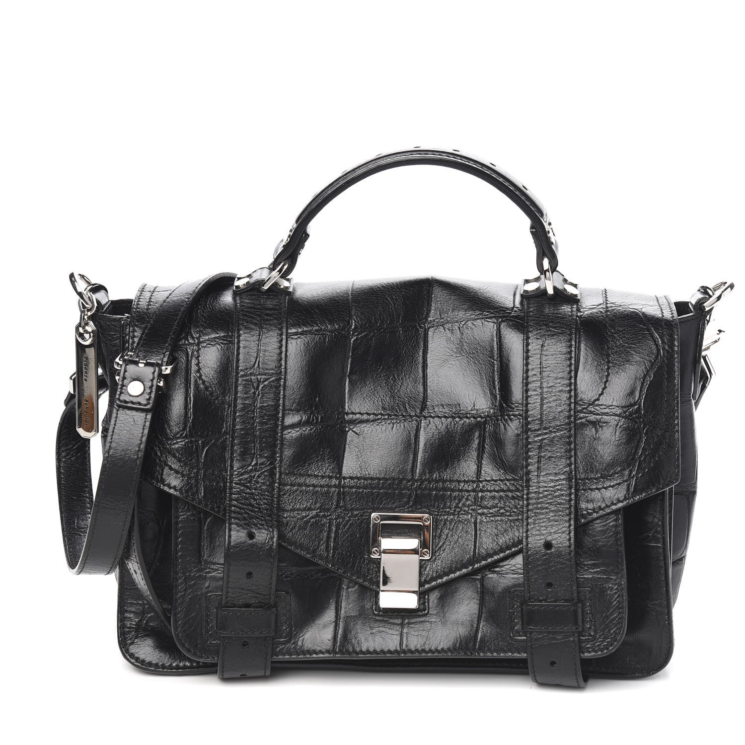 Proenza Schouler Calfskin Crocodile Embossed Medium PS1 Satchel Black 1 of 12