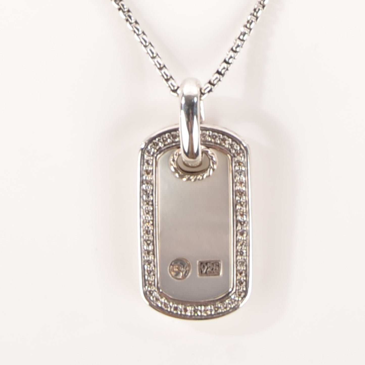 Sterling Silver Mother Of Pearl Diamond Small Dog Tag Necklace