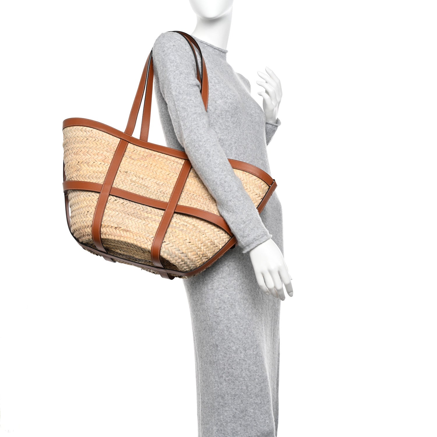 Celine Raffia Calfskin Large Gridded Basket Tote Tan 2 of 10